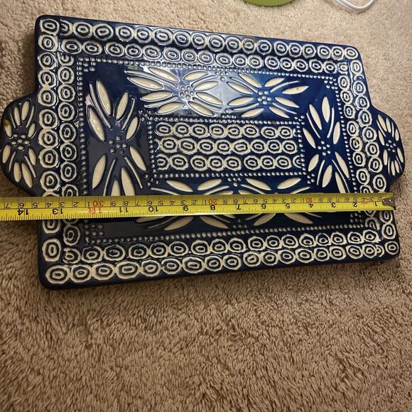 Temptations Rectangular Platter Serving Tray Platter  Embroidery Theme Navy - Picture 6 of 7